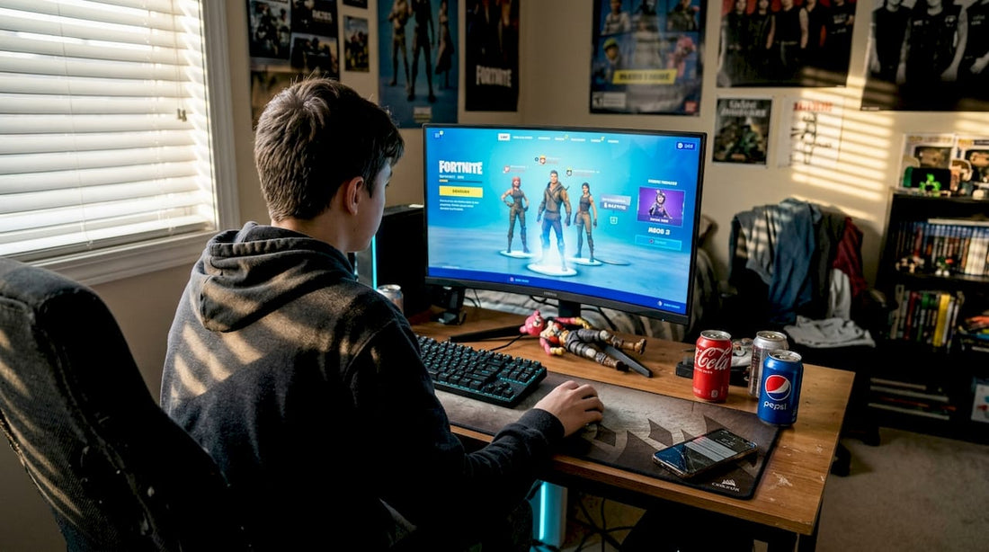 Teen gamer upgrading Fortnite account at desk