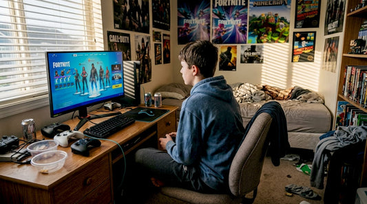 Teen focused on Fortnite in cluttered bedroom