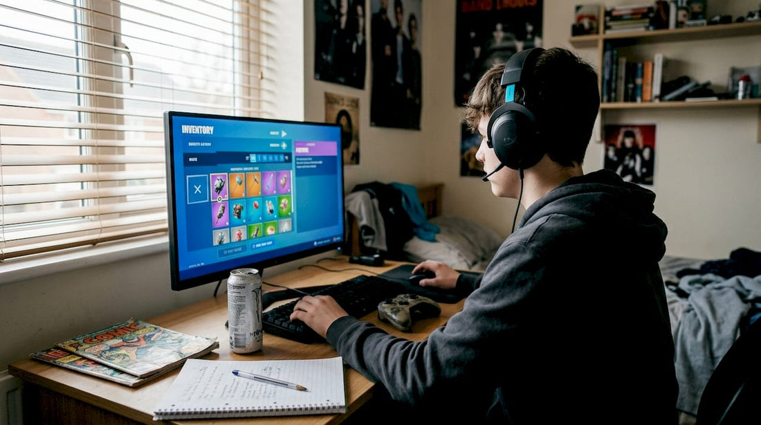 Gamer viewing Fortnite item inventory at desk
