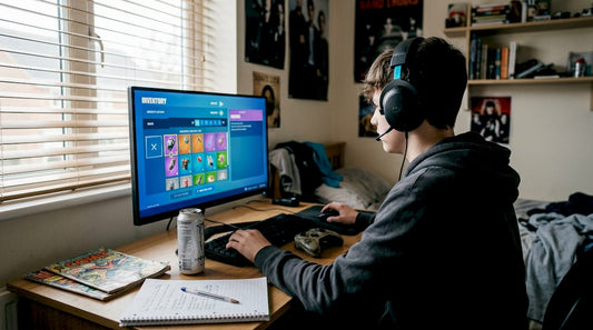 Gamer viewing Fortnite item inventory at desk