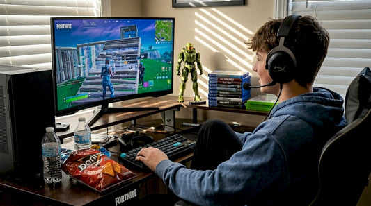 Teenager gaming Fortnite in home setup