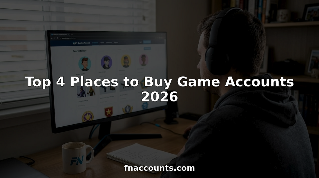 Man browsing game account marketplaces at desk
