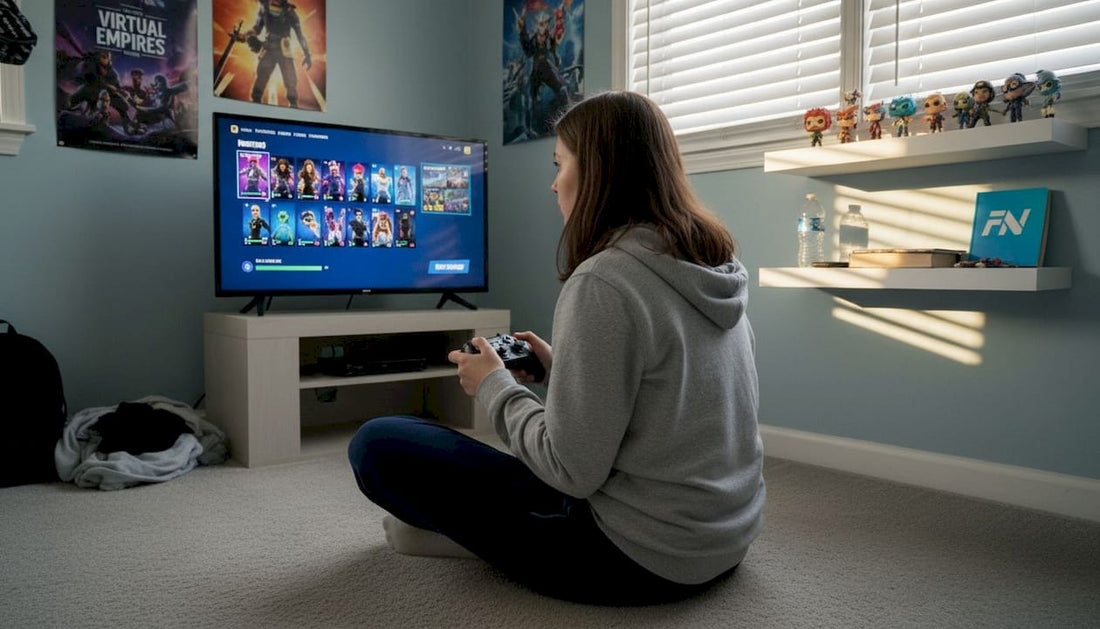 Teenager checking Fortnite locker screen at home