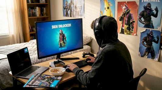 Gamer unlocking skins at home desk