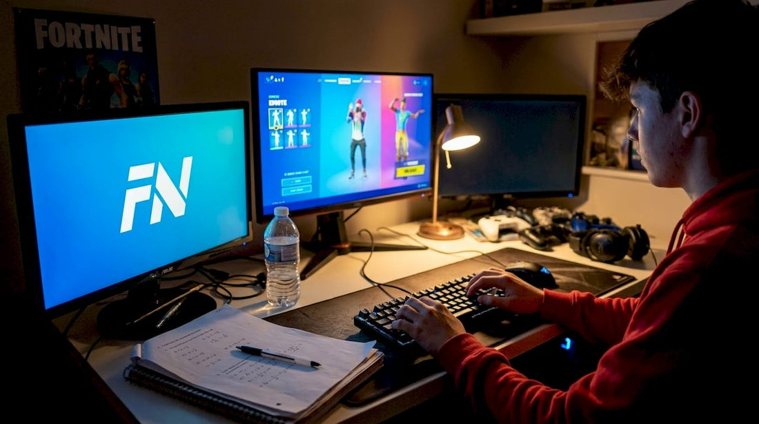 Gamer viewing Fortnite emotes at desk