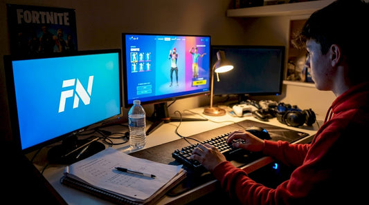 Gamer viewing Fortnite emotes at desk