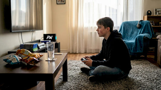 Teen gaming in home living room