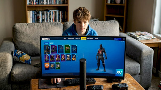 Teen gamer checking Fortnite skins on monitor