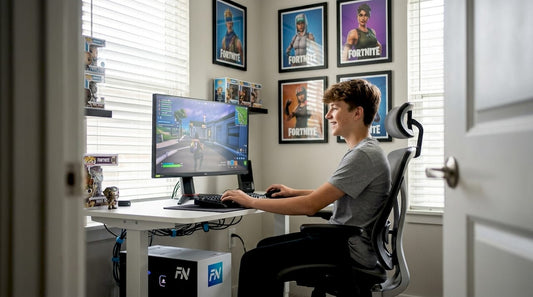 Teen playing Fortnite in cluttered bedroom