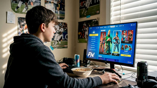 Teen picking Fortnite skin at bedroom desk