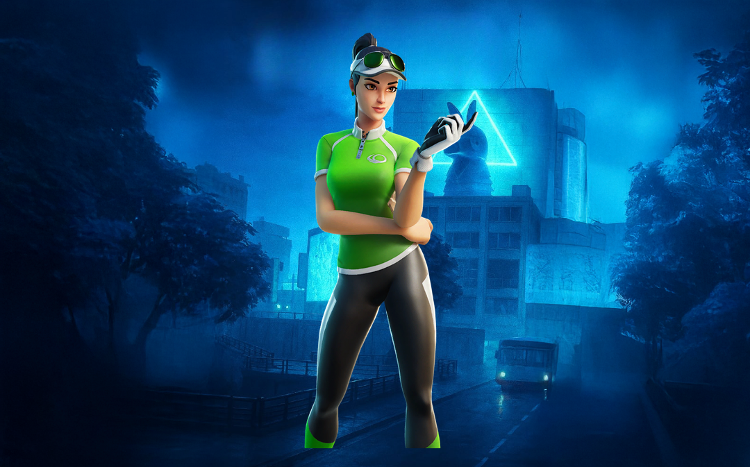 Fortnite Character in green outfit with glowing blue logo in a futuristic cityscape at night